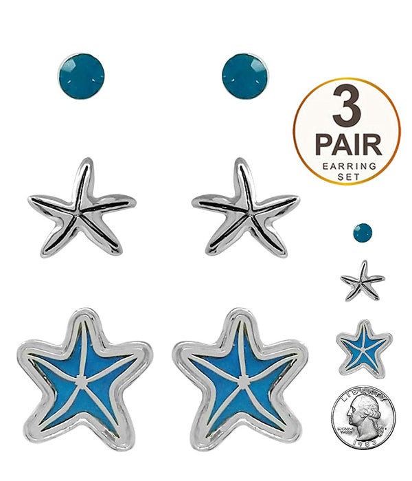 SEALIFE THEME 3 PAIR EARRING SET - STARFISH-0