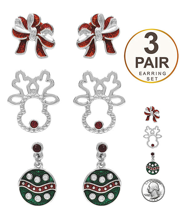 CHRISTMAS THEME 3 PAIR EARRING SET - RIBBON REINDEER-0