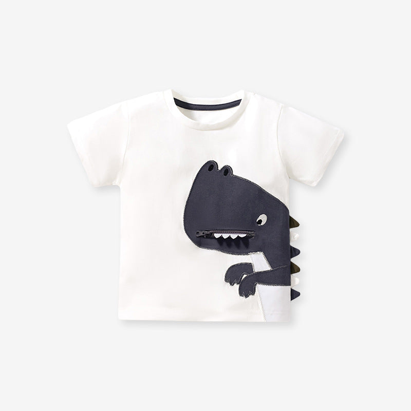 Boys’ Dinosaur Design T-Shirt With Pocket In European And American Style For Summer-0